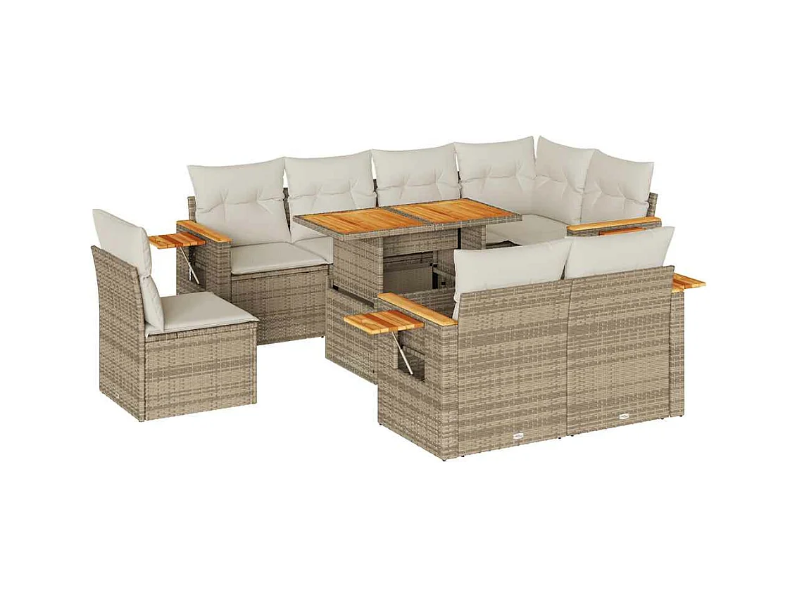 Set mobili da giardino con cuscini 9 pz beige resina vimini acacia