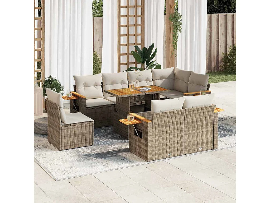Set mobili da giardino con cuscini 9 pz beige resina vimini acacia
