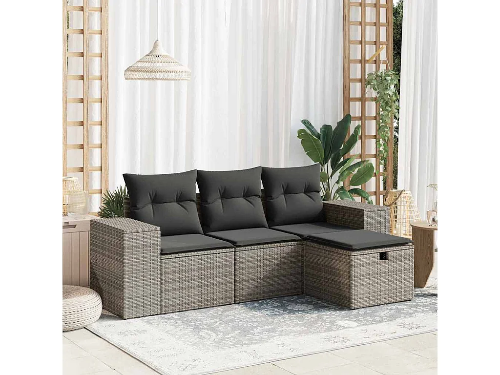 Conjunto de móveis de jardim de 4 peças com almofadas cinza em resina trançada