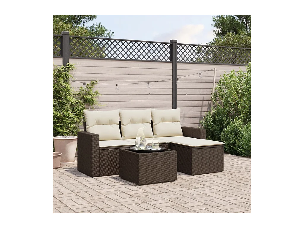 Salon de jardin avec coussins 5 pcs marron résine tressée