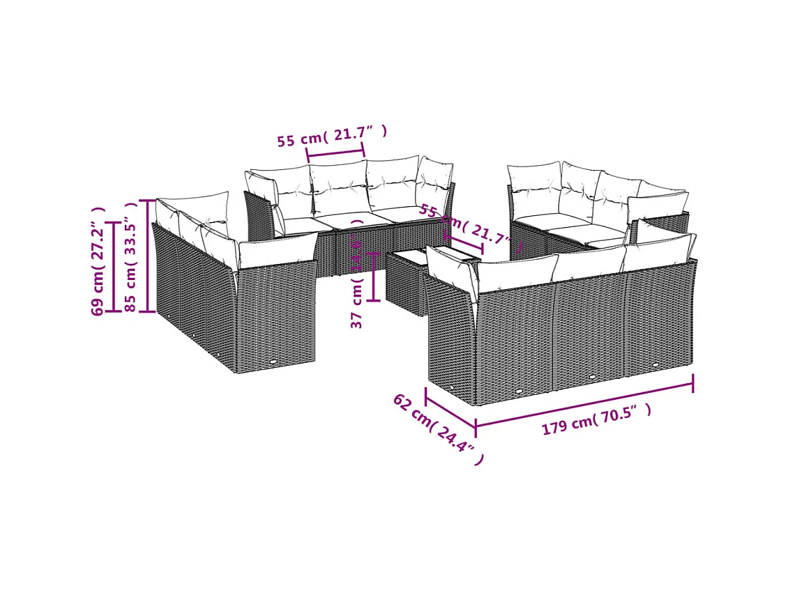 Salon de jardin avec coussins 13 pcs marron résine tressée