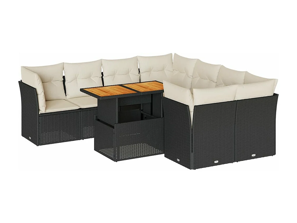 Set di mobili da giardino da 9 pezzi con cuscini neri in resina intrecciata