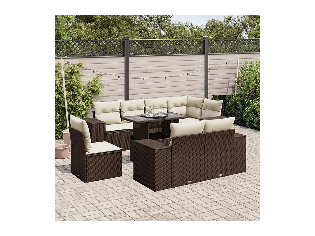 Salon de jardin avec coussins 9 pcs marron résine tressée