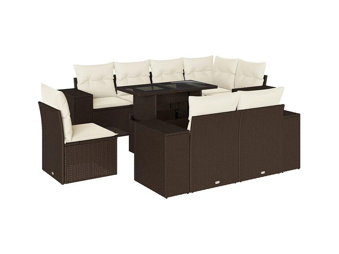 Salon de jardin avec coussins 9 pcs marron résine tressée