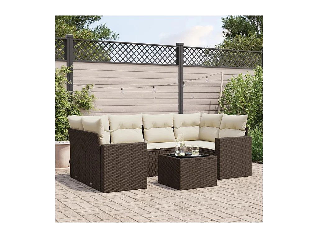 Salon de jardin avec coussins 7 pcs marron résine tressée