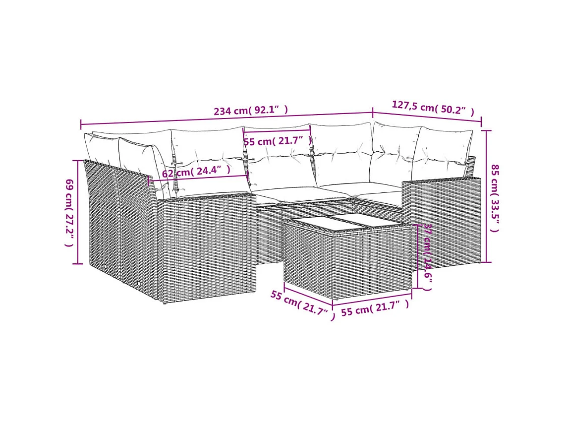 Salon de jardin avec coussins 7 pcs marron résine tressée