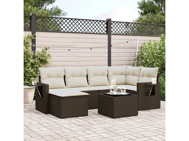 Set mobili da giardino con cuscini 7 pz in resina vimini marrone