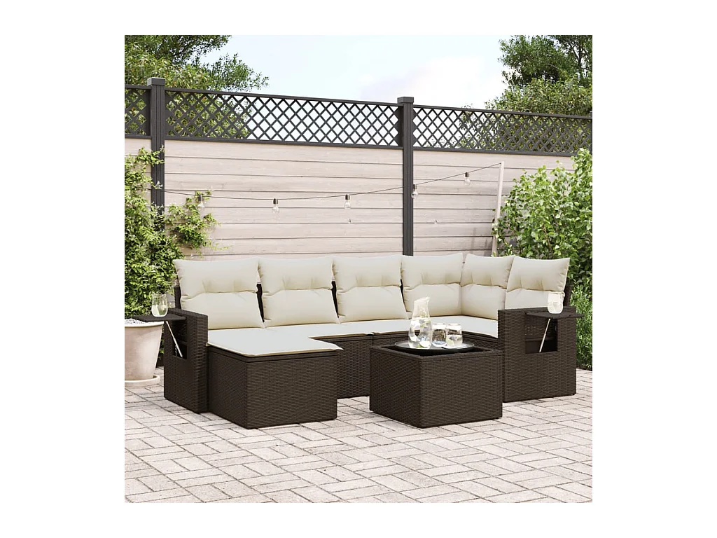 Salon de jardin avec coussins 7 pcs marron résine tressée