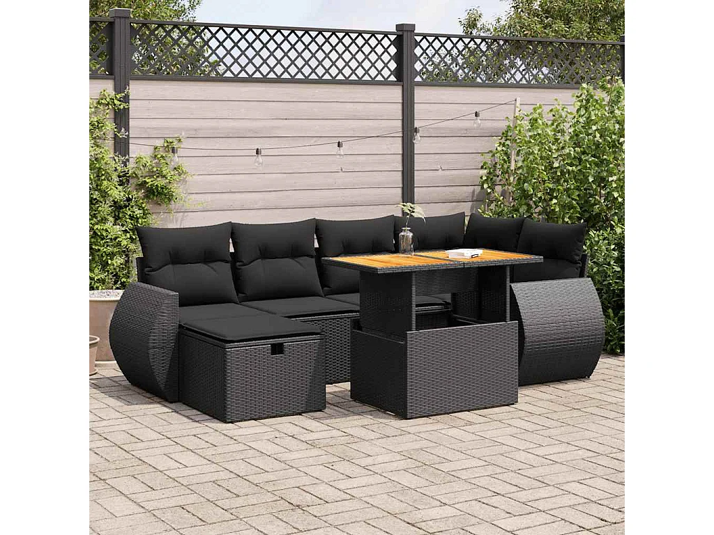 Salon de jardin avec coussins 8 pcs noir résine tressée acacia