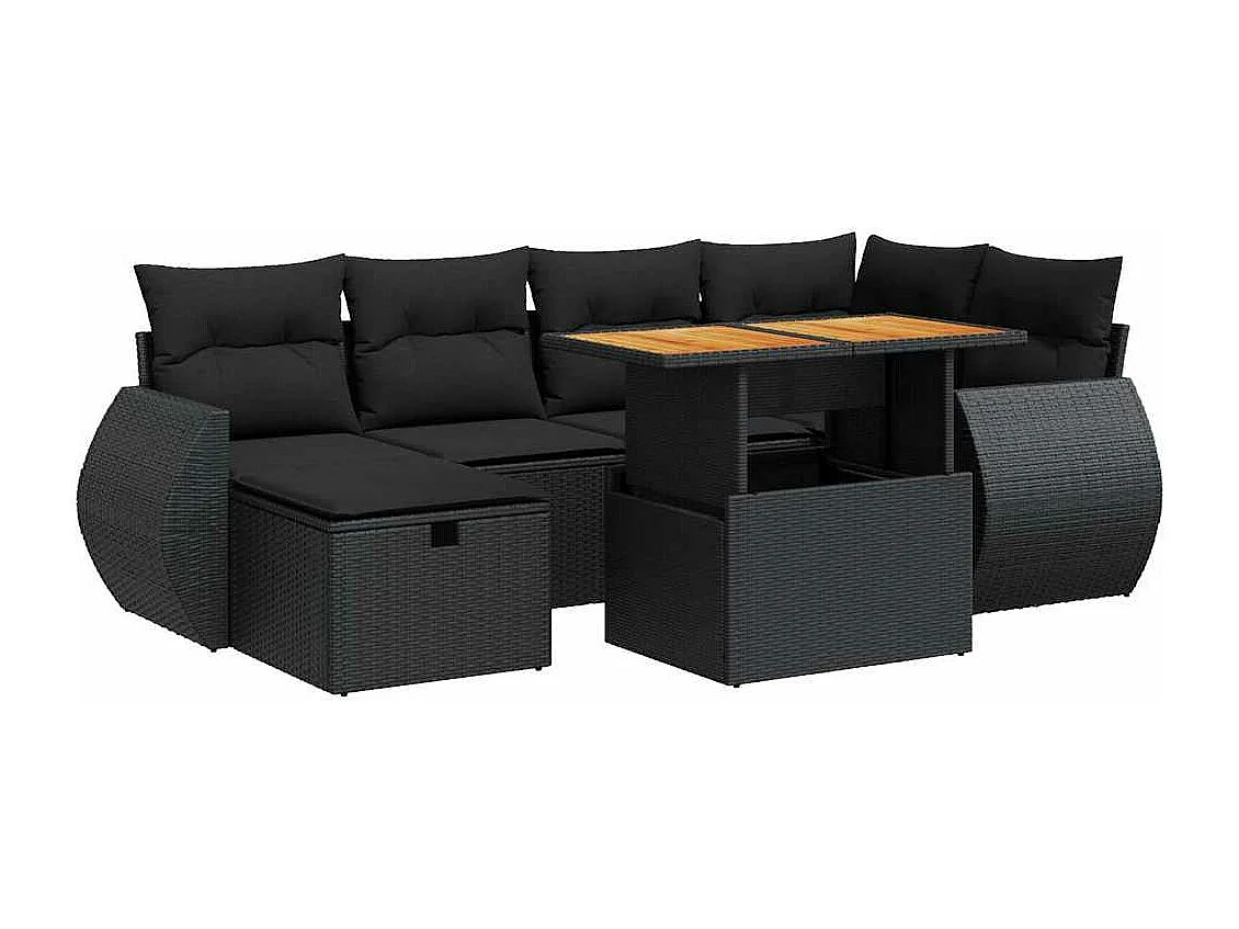 Salon de jardin avec coussins 8 pcs noir résine tressée acacia