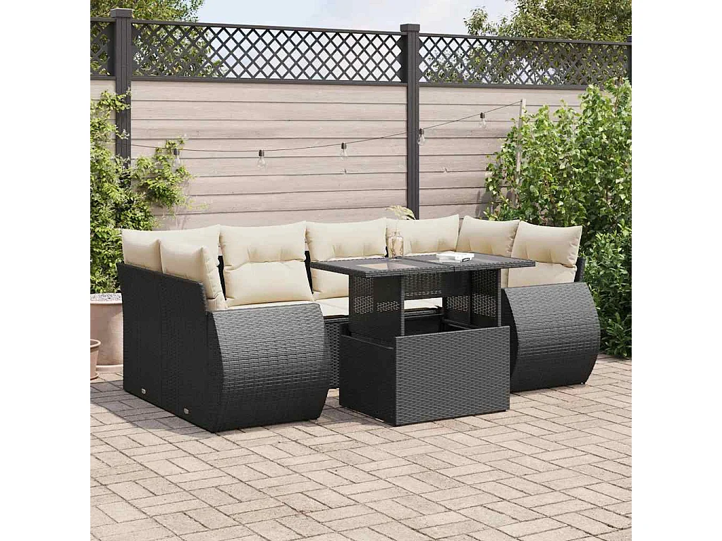Salon de jardin 7 pcs avec coussins noir résine tressée