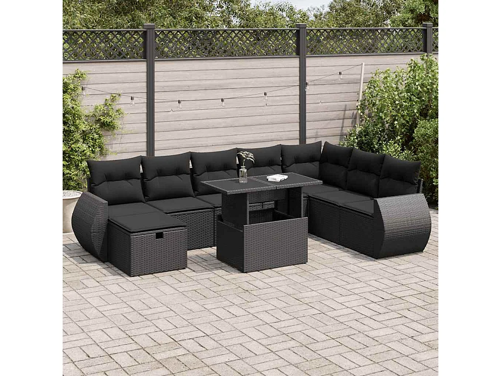 Salon de jardin 9 pcs avec coussins noir résine tressée