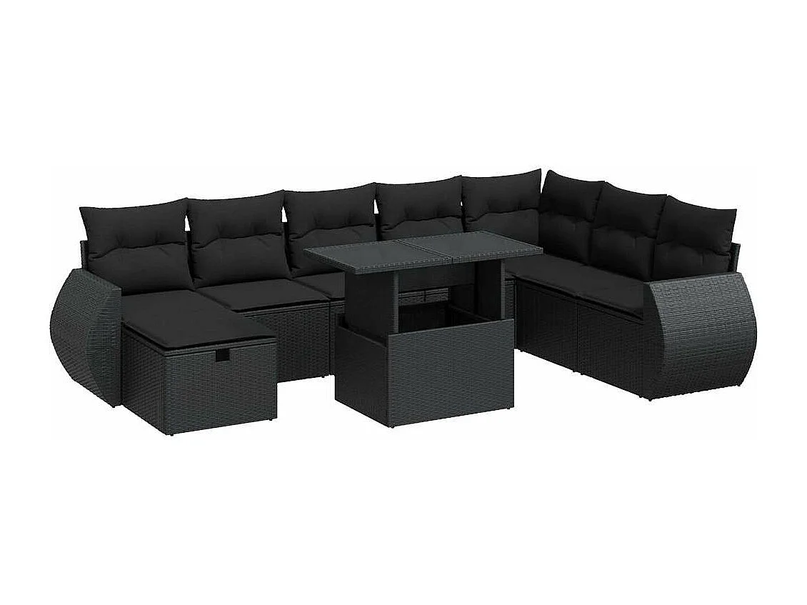 Salon de jardin 9 pcs avec coussins noir résine tressée