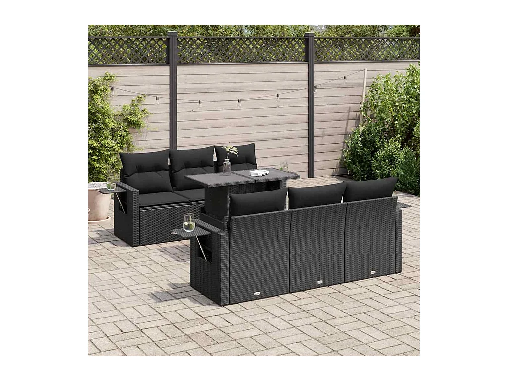 Salon de jardin 7 pcs avec coussins noir résine tressée