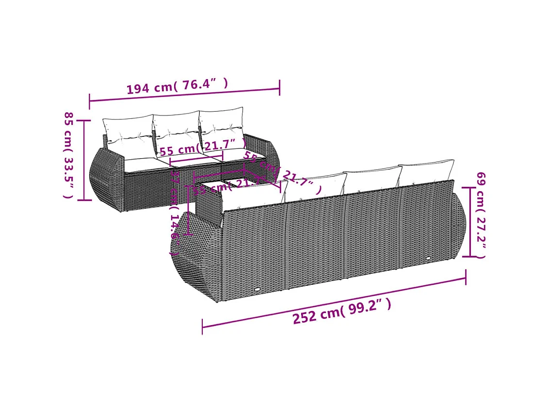 Salon de jardin 8 pcs avec coussins marron résine tressée
