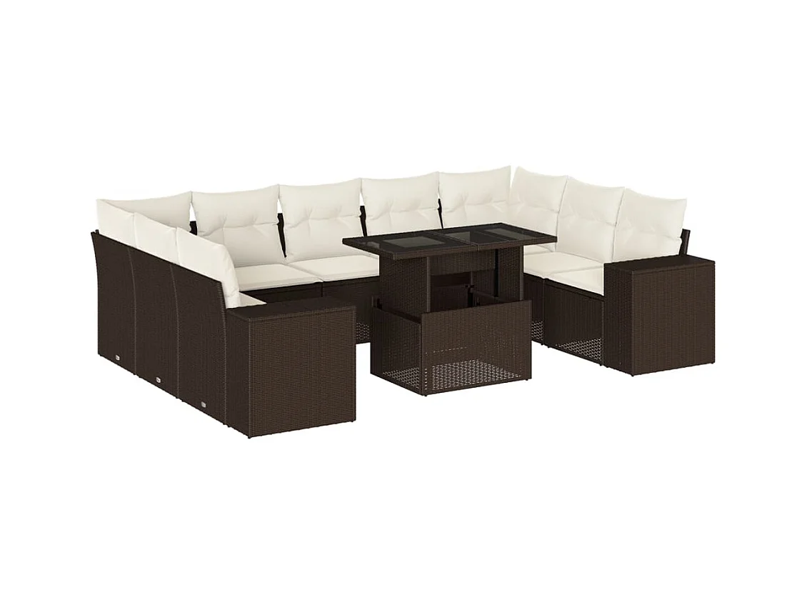 Conjunto de muebles de jardín de 10 piezas con cojines marrones en resina trenzada