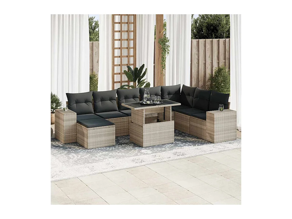 Set di mobili da giardino da 9 pezzi con cuscini grigio chiaro in resina intrecciata