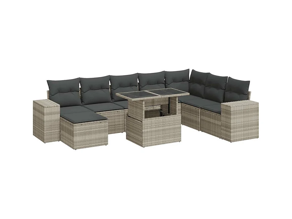 Set di mobili da giardino da 9 pezzi con cuscini grigio chiaro in resina intrecciata