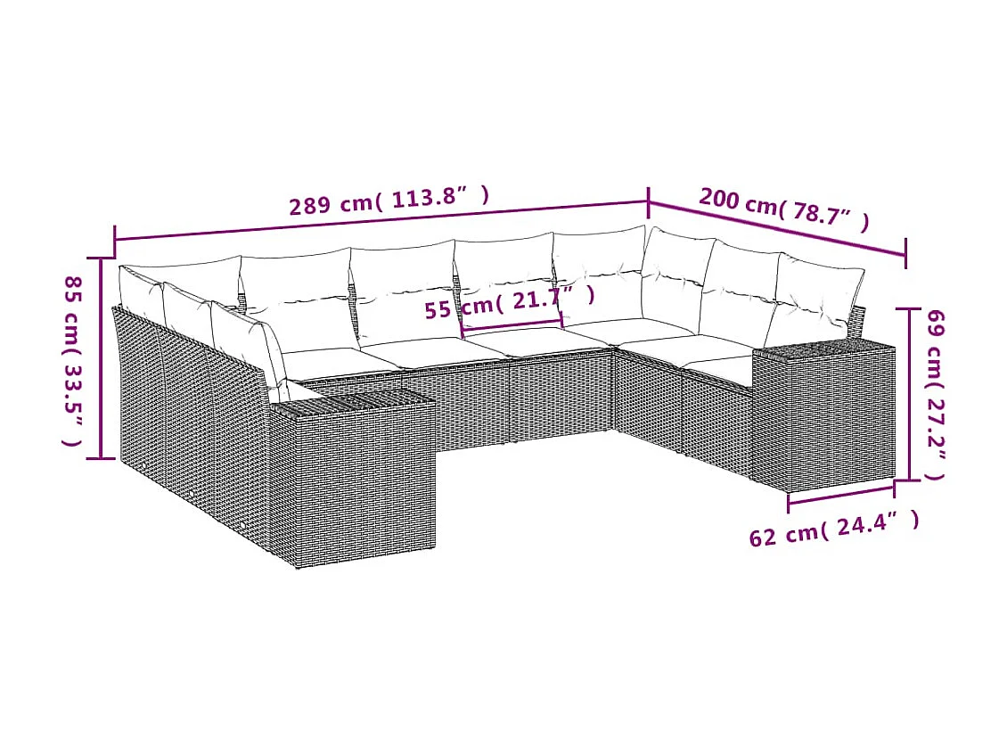Set mobili da giardino con cuscini 9 pezzi in vimini marrone resina