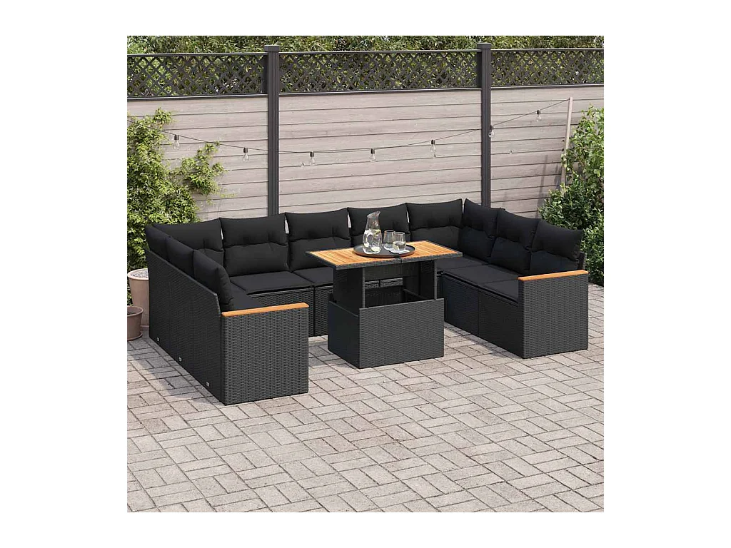 Set di mobili da giardino da 10 pezzi con cuscini neri in vimini di resina di acacia