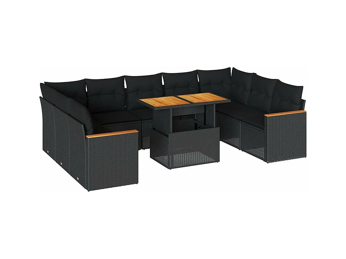 Set di mobili da giardino da 10 pezzi con cuscini neri in vimini di resina di acacia