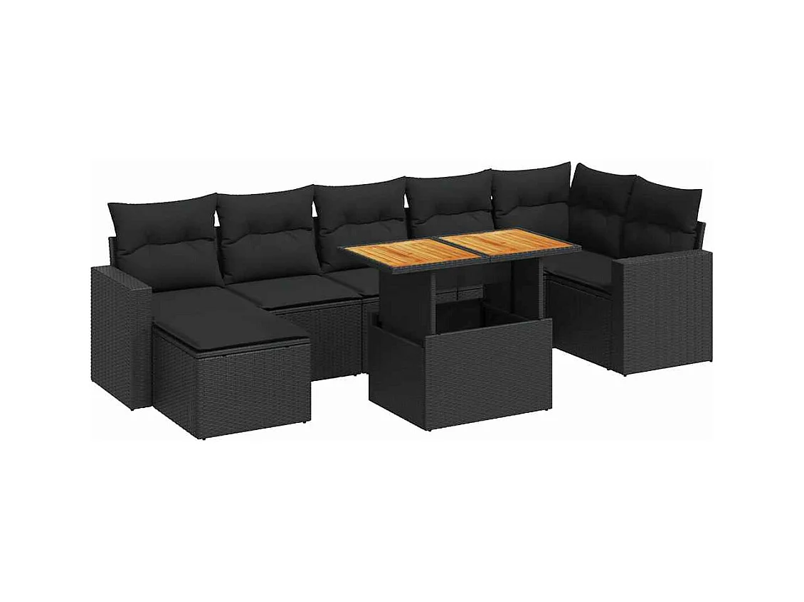 Set di mobili da giardino da 8 pezzi con cuscini neri in resina intrecciata