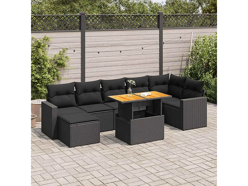 Set di mobili da giardino da 8 pezzi con cuscini neri in resina intrecciata