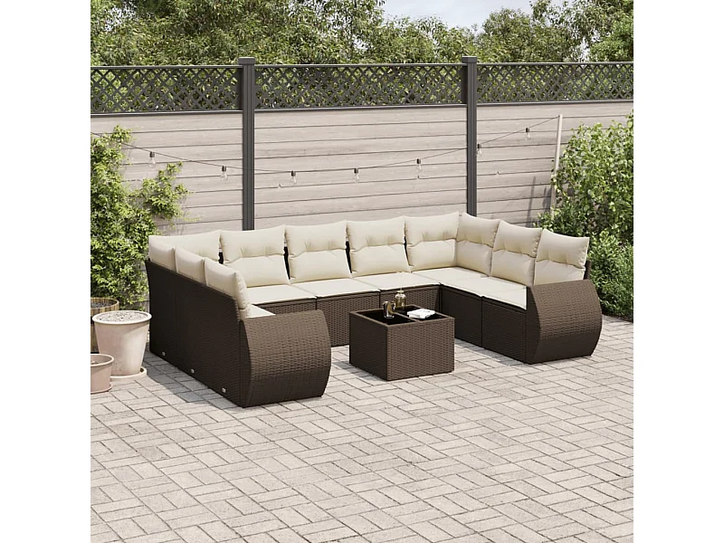 Set di mobili da giardino da 10 pezzi con cuscini marroni in resina intrecciata