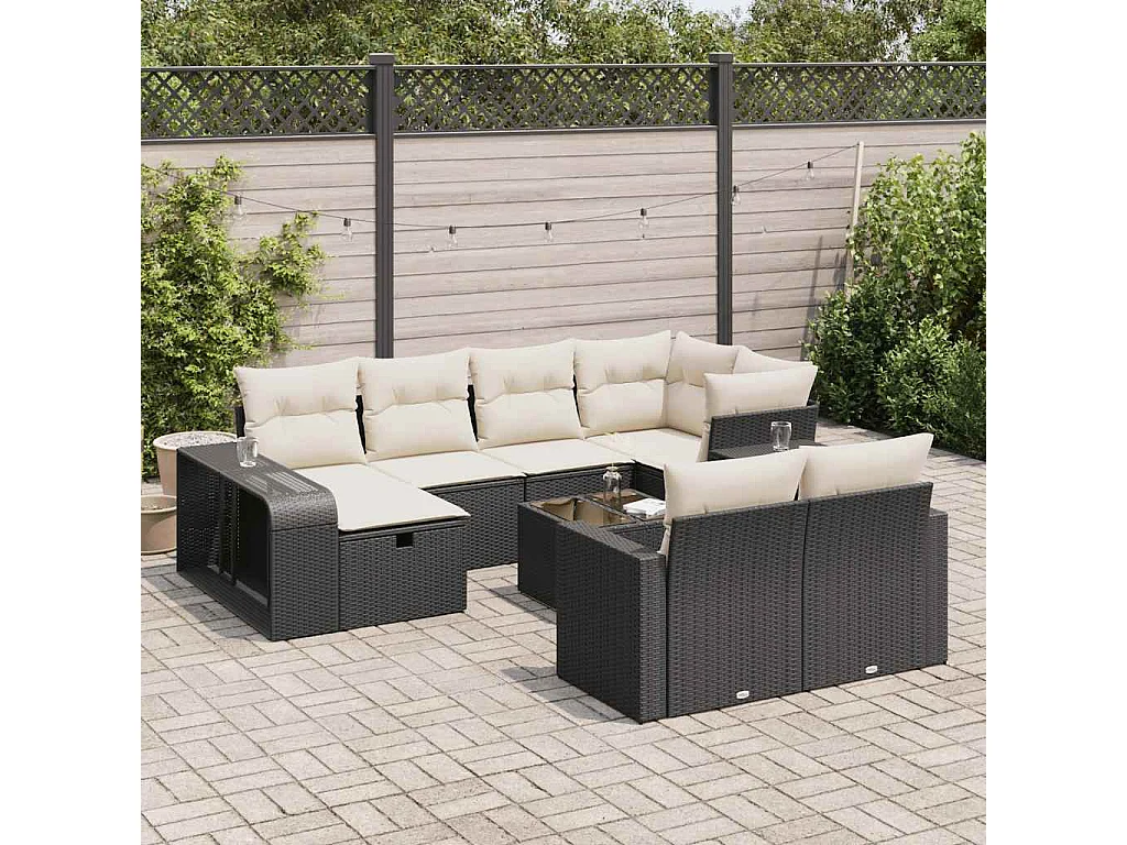 Salon de jardin 11 pcs avec coussins noir résine tressée