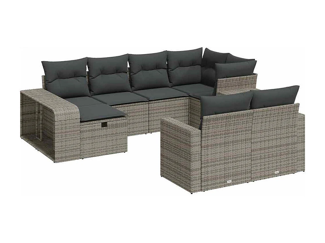 Set mobili da giardino con cuscini 10 pz in resina intrecciata grigia