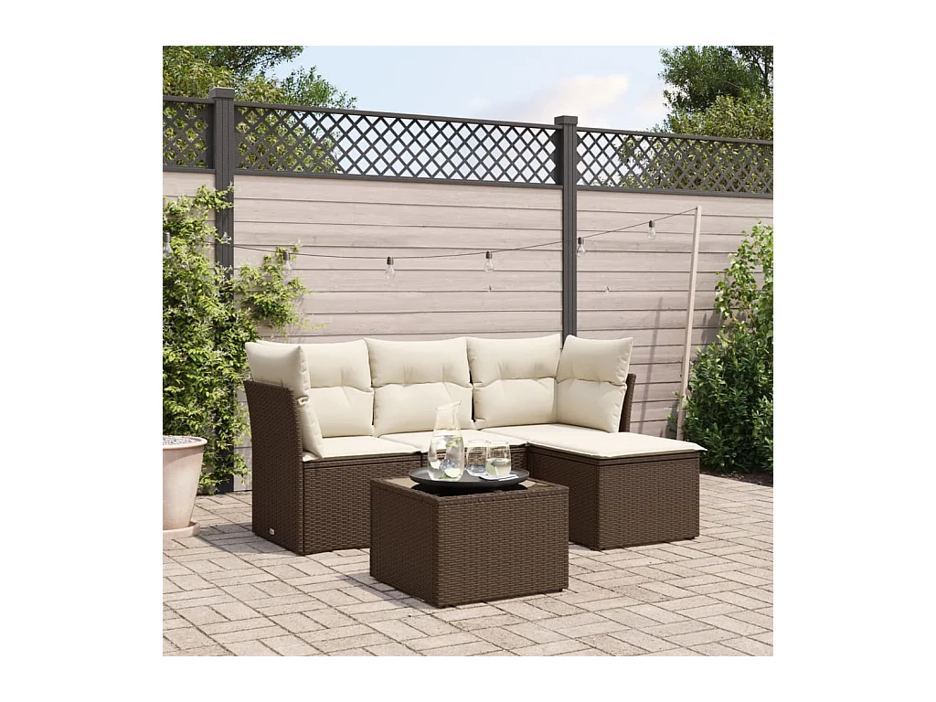 Salon de jardin avec coussins 5 pcs marron résine tressée