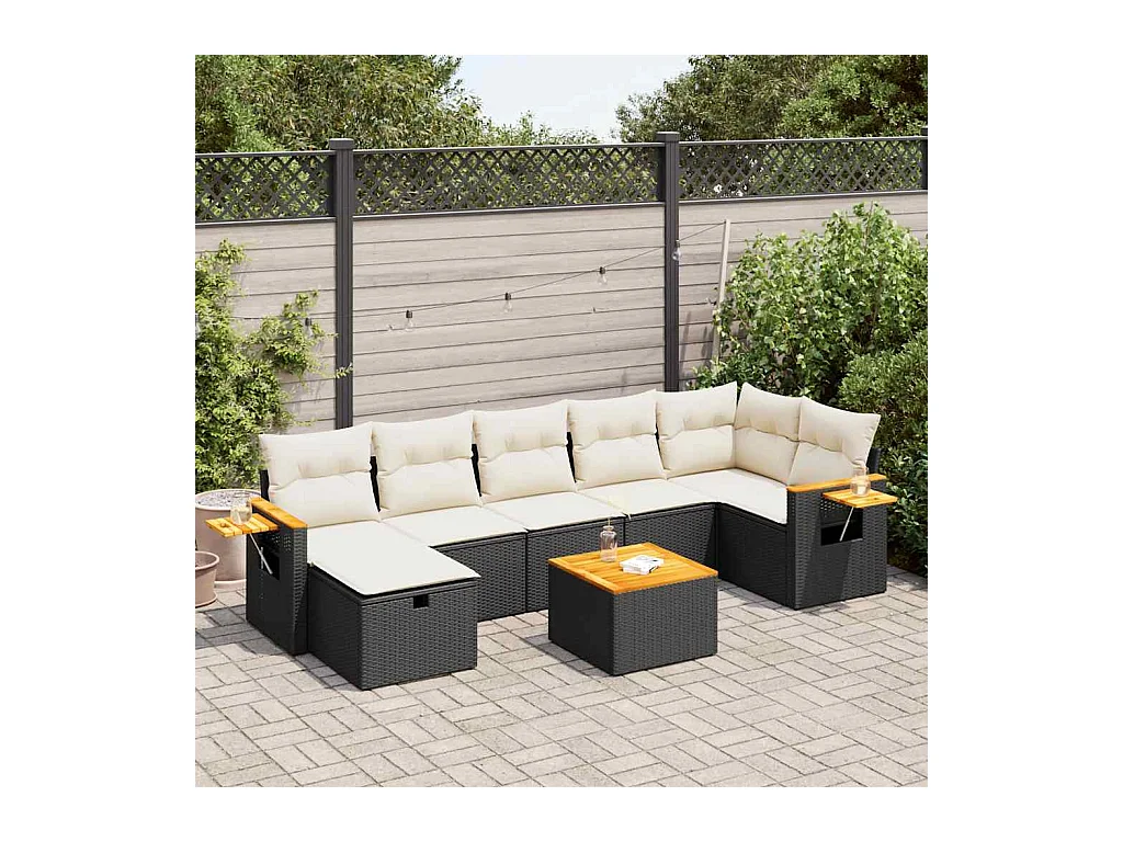 Set di mobili da giardino da 8 pezzi con cuscini neri in resina intrecciata