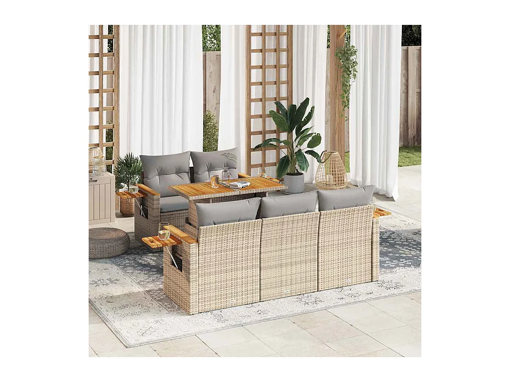 Salon de jardin 6 pcs avec coussins beige résine tressée acacia