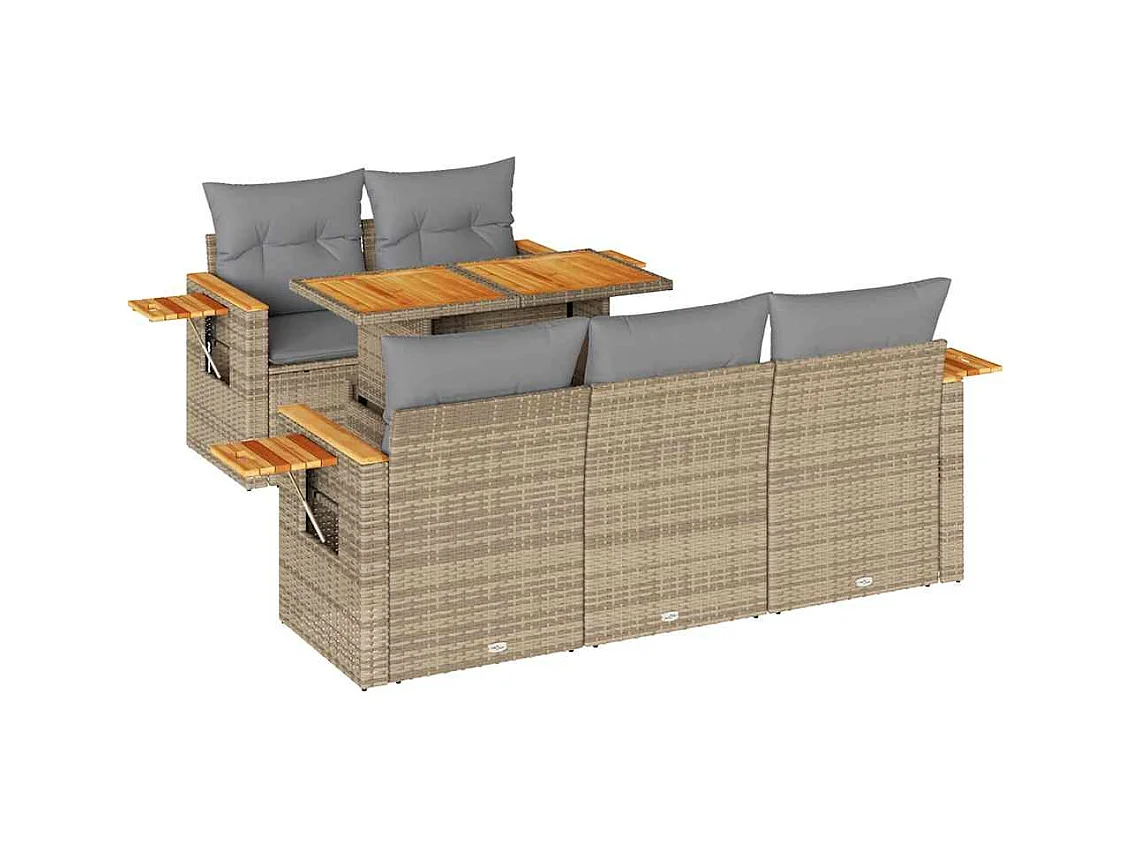 Salon de jardin 6 pcs avec coussins beige résine tressée acacia