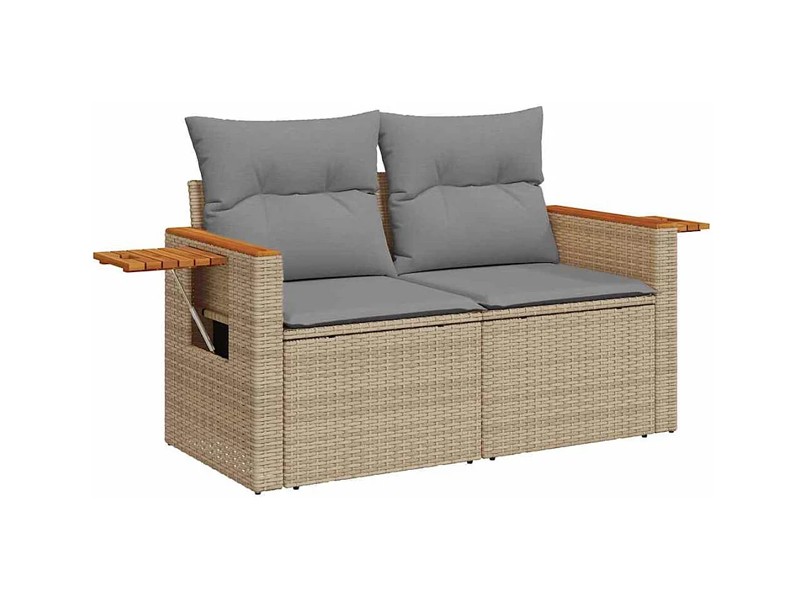 Salon de jardin 6 pcs avec coussins beige résine tressée acacia