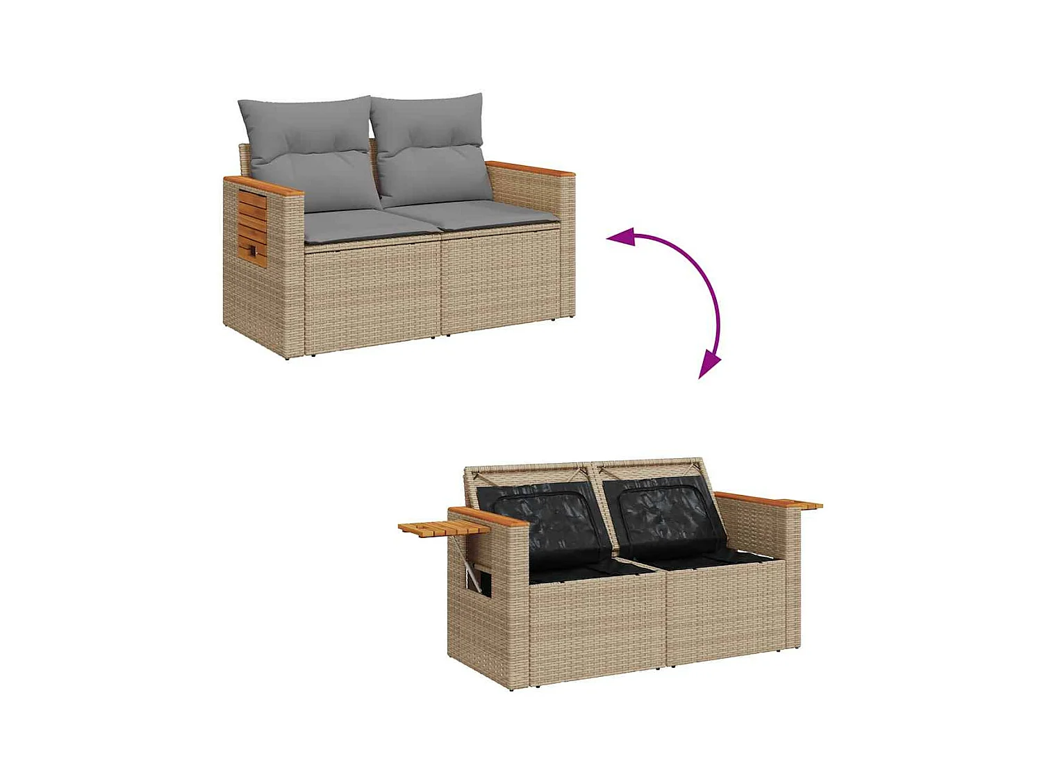 Salon de jardin 6 pcs avec coussins beige résine tressée acacia