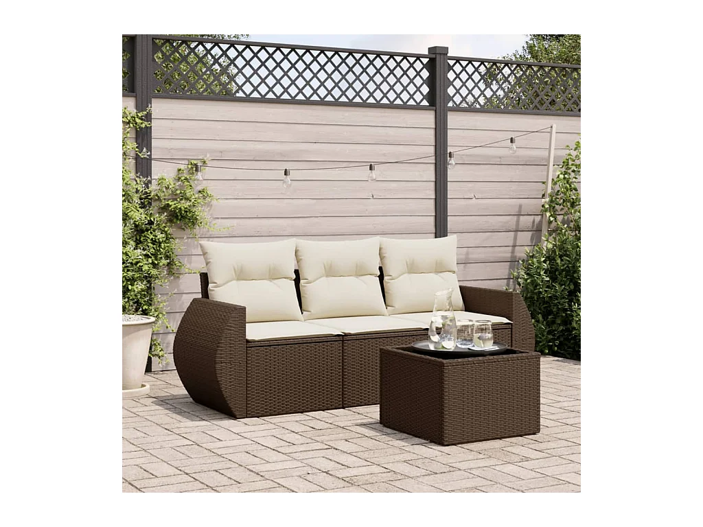 Salon de jardin 4 pcs avec coussins marron résine tressée