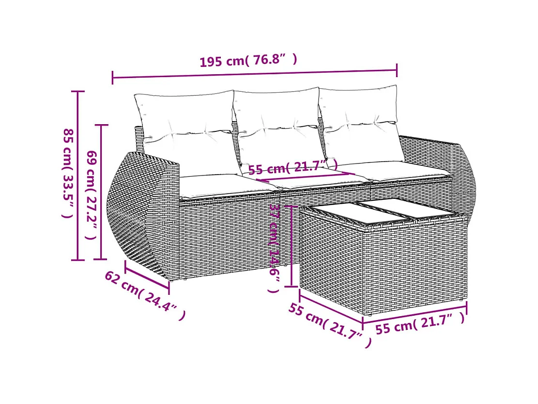 Salon de jardin 4 pcs avec coussins marron résine tressée