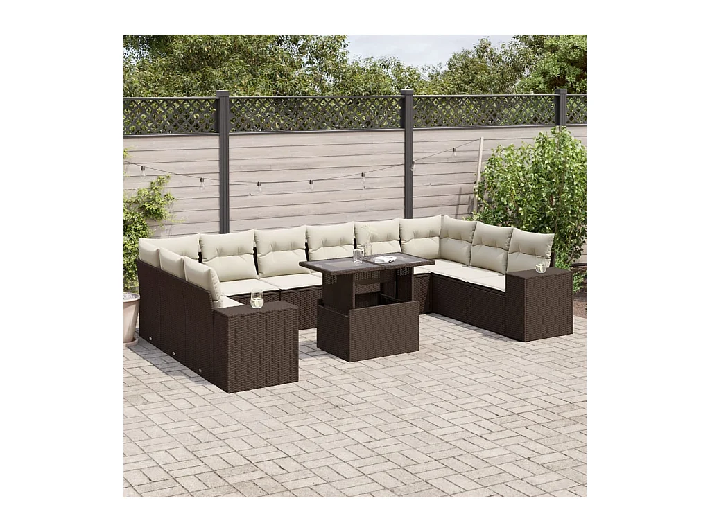 Salon de jardin et coussins 11 pcs marron résine tressée