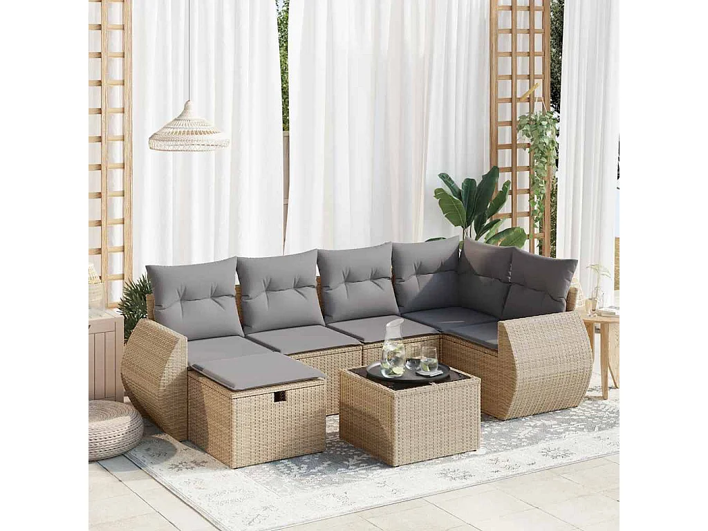 Gartenmöbel-Set mit Kissen 7-tlg. beige gewebtes Harz