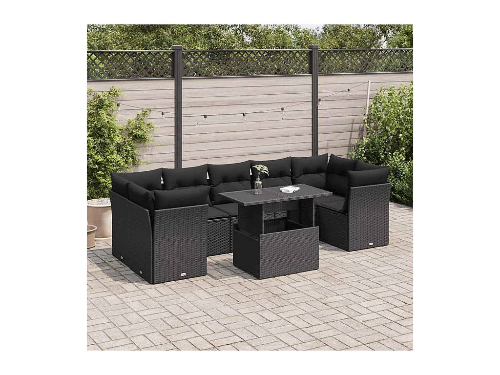 Salon de jardin 8 pcs avec coussins noir résine tressée