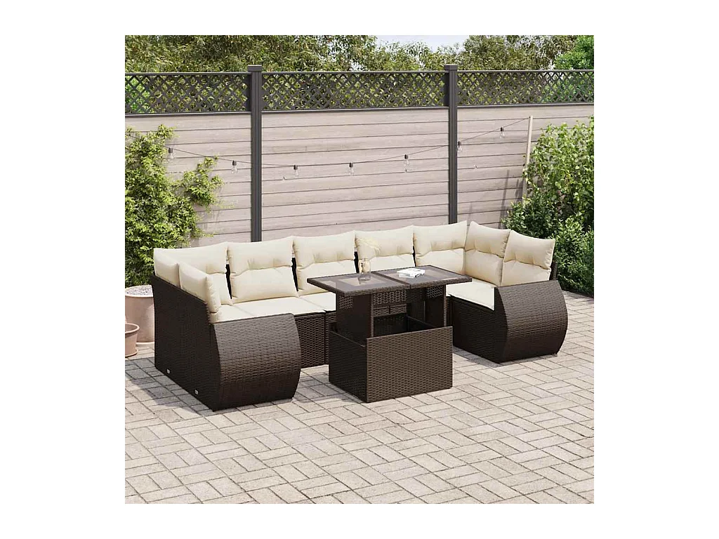 Set di mobili da giardino da 8 pezzi con cuscini marroni in resina intrecciata