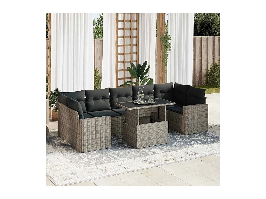 Salon de jardin 8 pcs avec coussins gris résine tressée