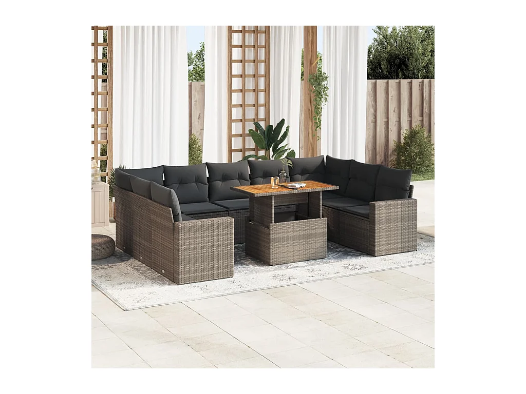 Set mobili da giardino con cuscini 10 pz in resina intrecciata grigia