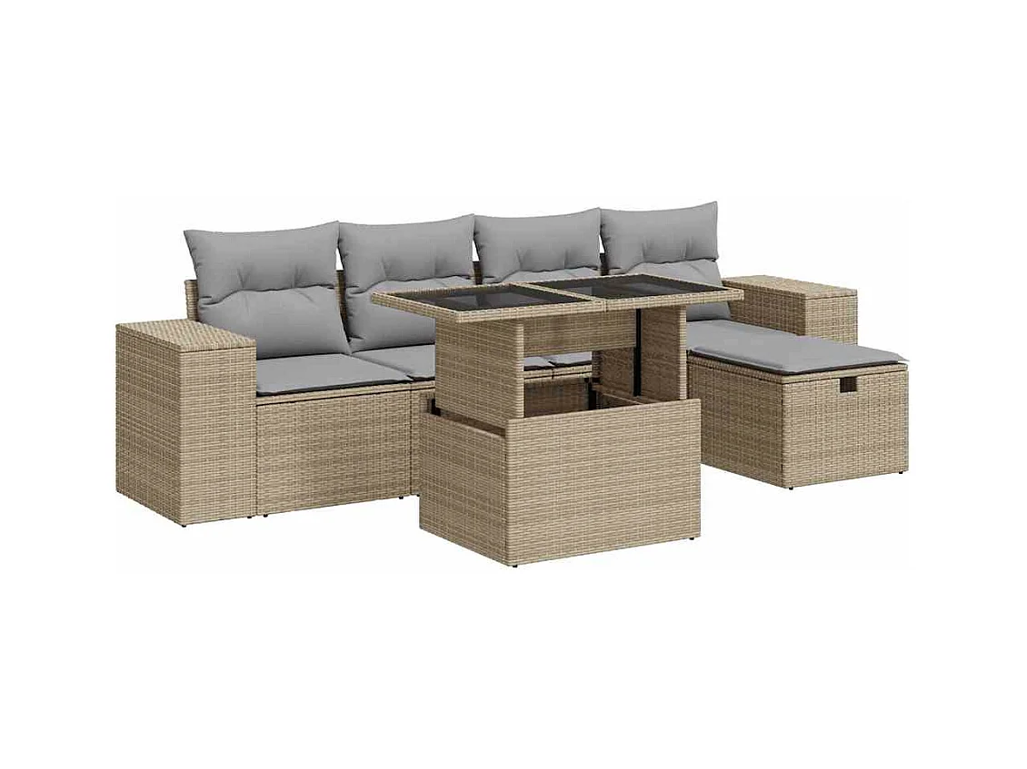 Salon de jardin avec coussins 6 pcs beige résine tressée