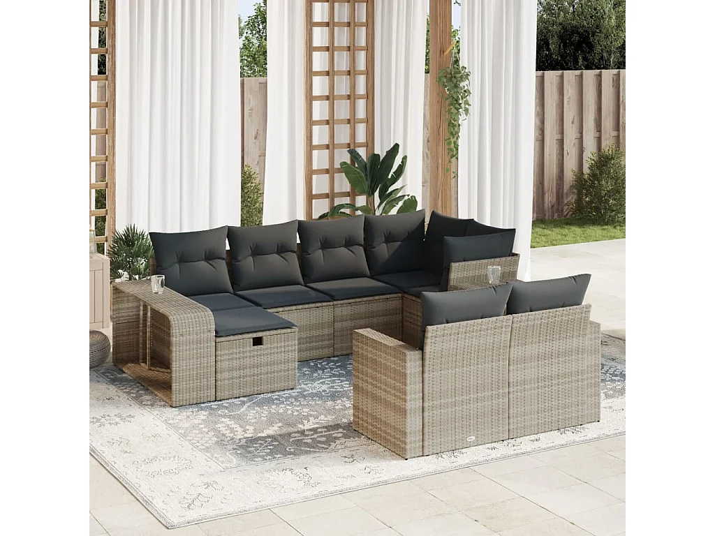 Set di mobili da giardino con cuscini 10 pezzi in resina intrecciata grigio chiaro