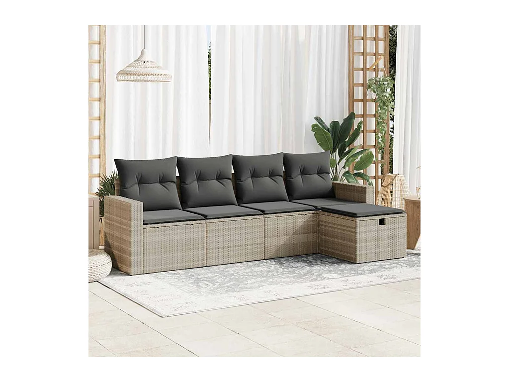 Set di mobili da giardino da 5 pezzi con cuscini grigio chiaro in resina intrecciata