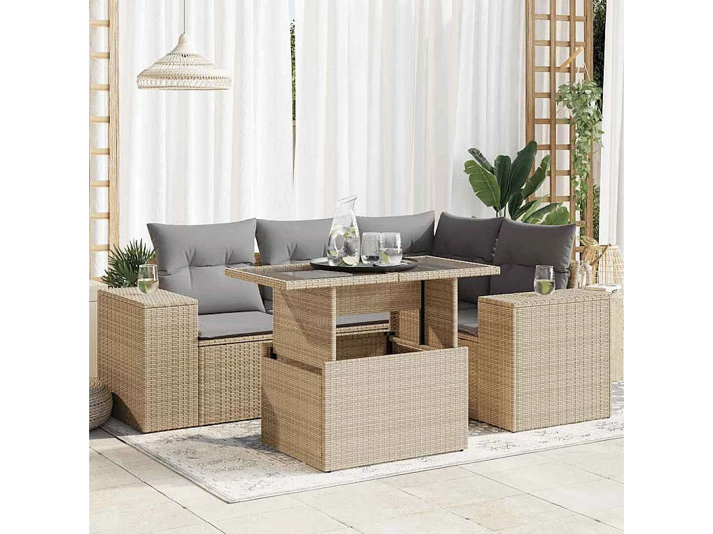 Gartenmöbel-Set mit Kissen 5-tlg. beige gewebtes Harz