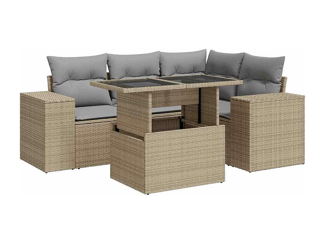 Gartenmöbel-Set mit Kissen 5-tlg. beige gewebtes Harz