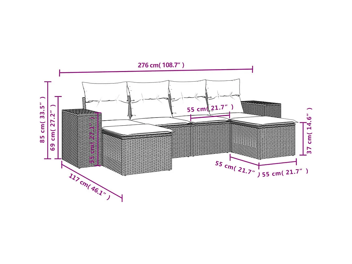 Salon de jardin avec coussins 6 pcs marron résine tressée